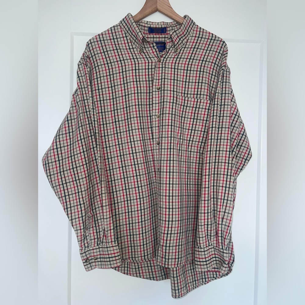 PENDELTON Broadway cloth plaid cotton shirt, tan red & brown, men’s size XXL
